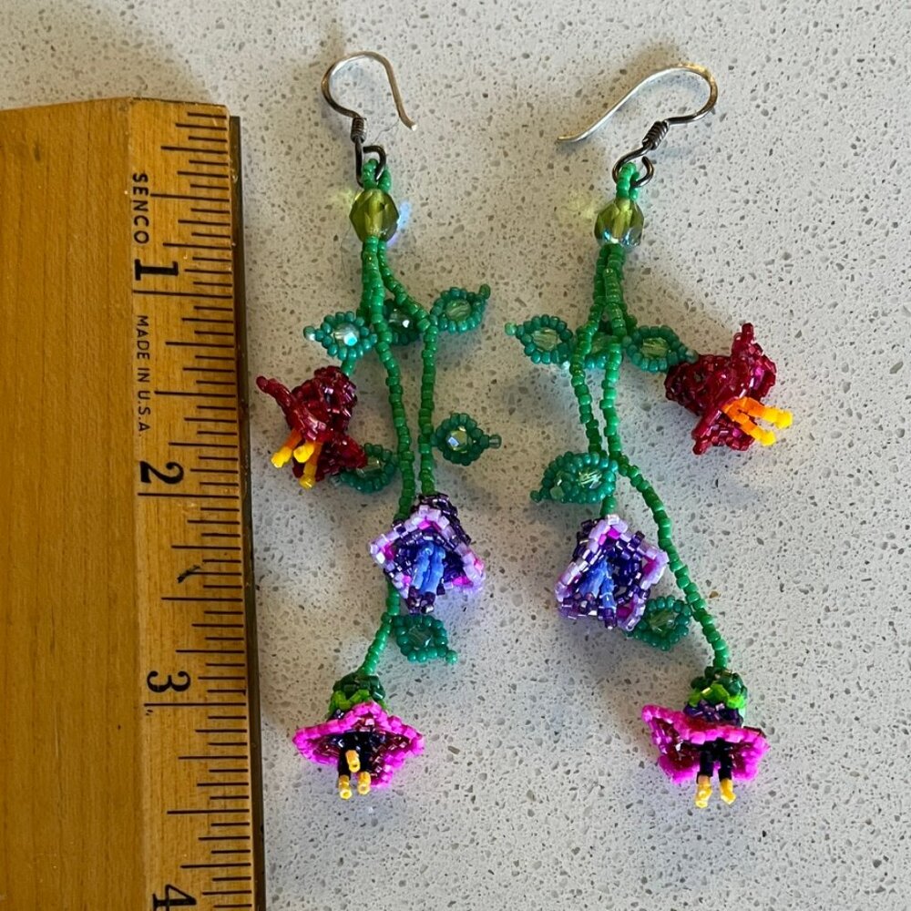 Earings, Beaded Fushia Flowers, Beautifully made. Perfect condition.
